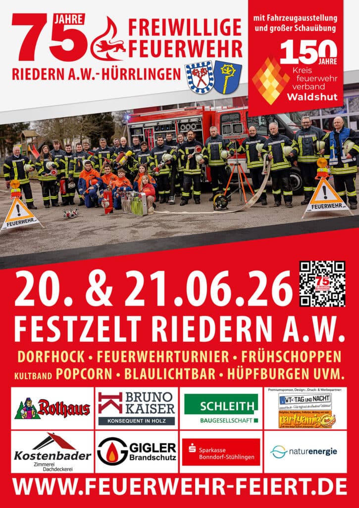 Plakat 75 Jahre Freiwillige Feuerwehr Riedern a.W.-Hürrlingen 20. und 21.06.2026